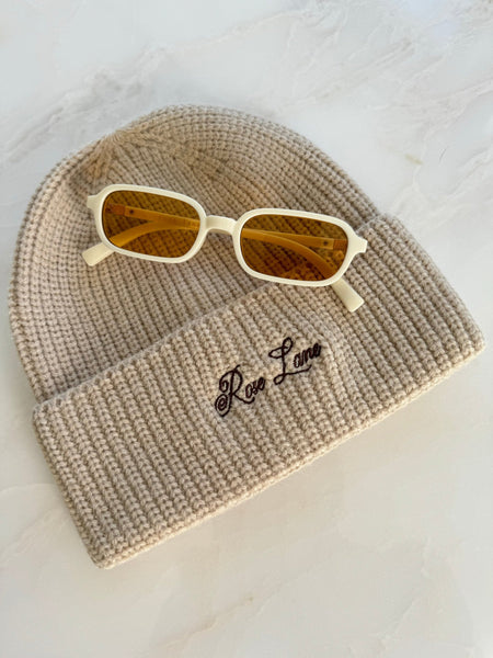 beige logo beanie – Rose Lane Clothing
